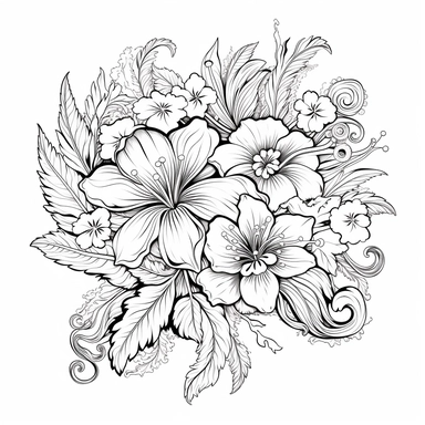 fabulous beautiful flower surrounded by amazing beautiful leaves and fabulous beautiful swirls, Spring flowers, fantasy, art line, clipart, vector, illustration, black white, in the style of a coloring book, clear white background