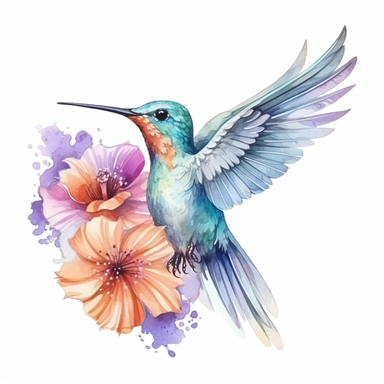 Pastel Cute Beautiful Fairy Hummingbird Flower Watercolor Clipart,Cartoon,hyper realistic, intricate detail, illustration style,high solution,on the white background