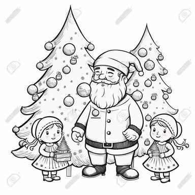 cute father christmas with christmas trees and jingle bells and little children, clip art, coloring page, black and white, line art, vector art, digital stamp, sticker
