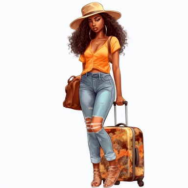 full body clip art+3 friend black Nubian woman+ long wavy hair+ kawaii+ standing next to suit case+ multiple traveling bags+ legs crossed at ankles+ high heels+skinny jeans and nice shirt+big hat+vacation vibes+detailed+ niji 5+ uhd+ png clipart+ airport