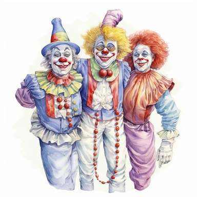 3 hand drawn vintage circus clowns acting silly , glamorous, soft, detailed and realistic, watercolor, clipart style, white background with margins