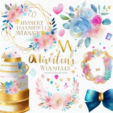 watercolor marriage anniversary clipart collection, white background, white, pink, blue and gold illustrations