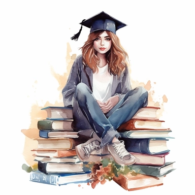 beautiful cartoon graduation girl sitting over the huge pile of books clipart, fashionista, it girl, social media art, feminine sticker art, wears cap and cloak, woman empower, clear distinct with the white background, watercolor, no comment, 8k