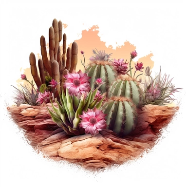 Echinocactus cactus, planted in the earth, dreamcore, clipart, inside border