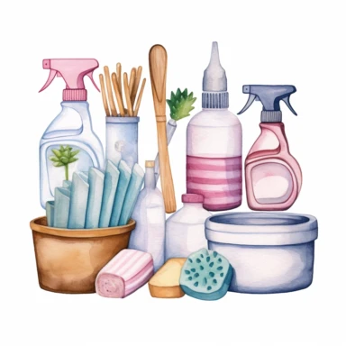 individual products, housekeeping cleaning items, clipart, cartoon, hyperealistic, kawaii, watercolor, clean white background