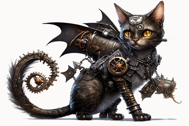 clipart, A beautiful cat with a steampunk-style mechanical bat on its back, hd, on white background,