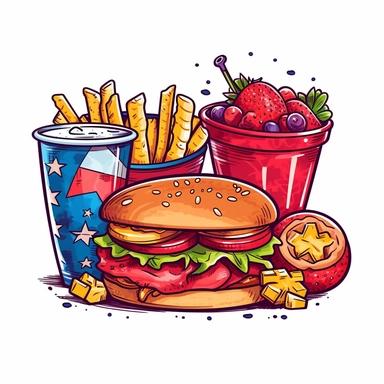 Independence day cookout food, Clipart, 4th of july, white background, crisp detail, cute, cartoon, black outline, vibrant