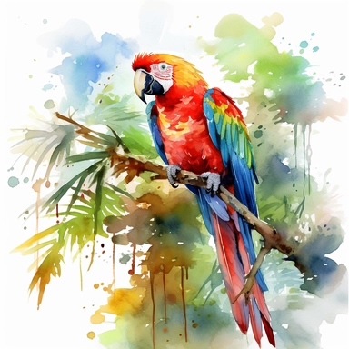 A Parrot sitting proudly on a branch in the forest, looking off into the camera, with a few tropical plants and leaves framing the scene, vivid colors, watercolor by Thomas W. Schaller, clipart, solid background, no watermark, 8k