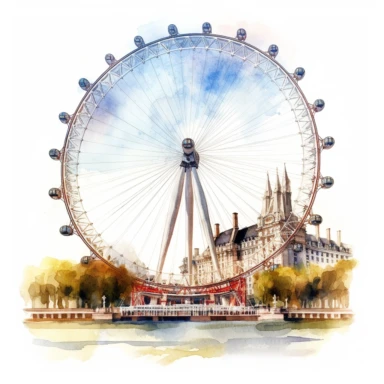 London eye UK, watercolour illustration clipart, extremely detailed, 4k, high quality, isolated on white background