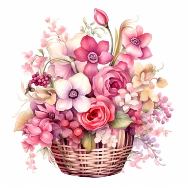 Fairytale style flower arrangement in the magical basket with watercolor effect,suitable for digital clipart,white background,fairytale scene,soft colors,fairy twinkles, soft red, soft pink Clipart ,Cartoon,hyper realistic, intricate detail, illustration style,high solution,on the white background
