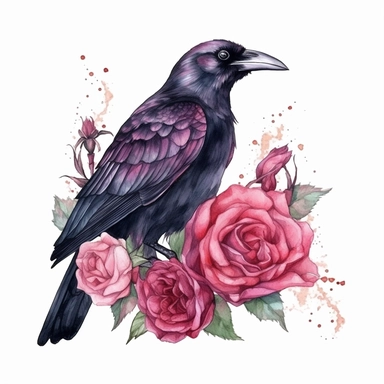 Halloween raven with roses, dark pink and black, watercolor, clipart, illustration, white background