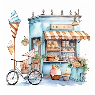 Watercolor wedding icecream blue stand, wedding clipart, simple, soft colors, cartoon elements, watercolor boho style, white transparent
