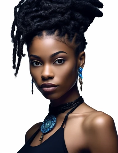 hasselblad 24 mm three quarters shot of a gorgeous african american woman with blue eyes, clipart, Composition: Relaxed position with intricate high hairstyle, smiling, detailed natural skin, Style: Nu-Goth, white background, hyperrealism, 32k