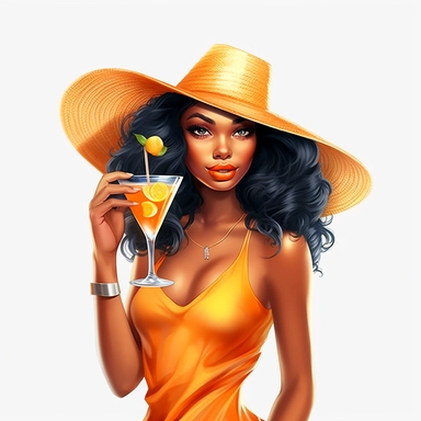 pretty black girl, Sun Straw Hat Wide Brim Summer Hat Foldable Roll up Floppy Beach Hats, pretty, holding a cocktail drink, orange outfit, 4k, hd, clipart