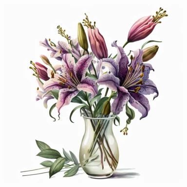 Watercolor realistic detailed purple tiger lily bouquet in stunning vase clipart, white background, no text