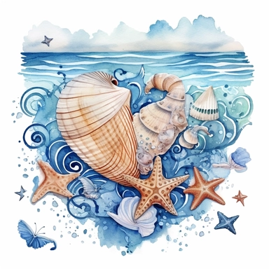 The beach blue waves has heart, couple, snails, starfish. . . , Watercolor Clipart, details