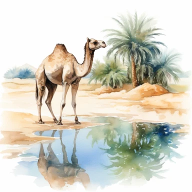 a camel drinking in oasis water, in sahra desert watercolor white background clipart
