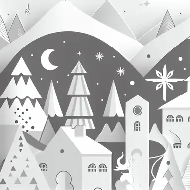 Elaborate Christmas scene, clipart style, line art, bold lines, smooth lines, clean, white, mono, fun, simple, “interesting complimenting background” uhd, 32k