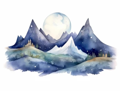 Simple mountain range with Whimsical rolling hills and mountains for a children's book, night scene, watercolor, clipart, white background,