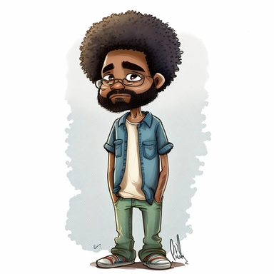 Draymon, 40 year old black man, illustration for children's book, no expression, no emotion, 40 years old, curly black and gray faded flat top afro, large eyes, wearing blue jeans, blue shirt, brown shoes, full beard, full lips, Watercolor Clipart, strybk, full Illustration, 4k, sharp focus, watercolor, smooth soft skin, symmetrical, soft lighting, detailed face, watercolor style, strybk, Octane rendering, 3d. Perfect face, detailed face, delicate face, perfect round lips, detailed eyes. Ghibli 