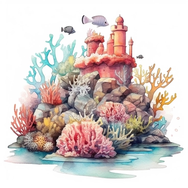 Coral Reef scene, clipart, watercolor style, white background