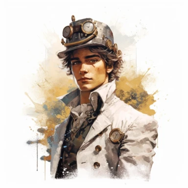 beautiful stunning handsome steampunk young man, paint art style, clipart, white background, superrealistic, one of a kind