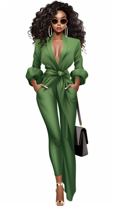 Faceless clipart, Boss girl clipart, Fashion illustration, African American clipart, Look Clipart, Fashion clipart, Black woman clipart, green toned, royal, cartoon, painting