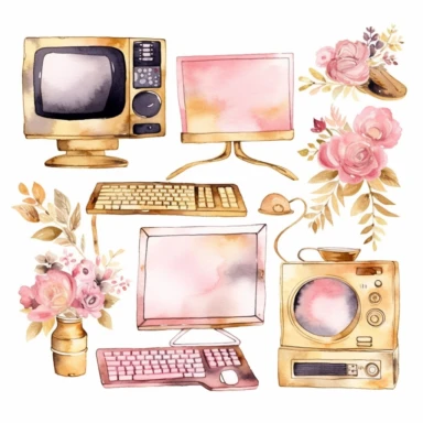 handpaint, computer clipart, laptop clipart, monitor clipart, T.V icons set, isolated white background, single design, sharp, bold , sweet pink, gold, hand-painted watercolor