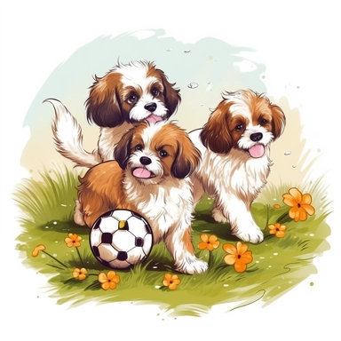 Draw a brown white shitzu puppy playing football in a sunny day with his friends, wearing vivid color clothes, in a spring morning, clipart white background, 32k