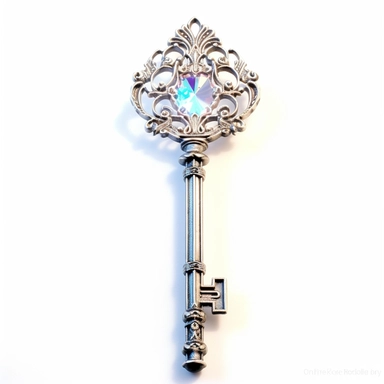 a mesmerizing legendary fairy tale tool as clipart with a pristine white background: a shimmering and ornate key of wondrous proportions. The key should possess intricate details, such as delicate engravings depicting mythical creatures or symbols of magic. Its handle should be crafted from a rare and iridescent material, radiating an ethereal glow. The teeth of the key should be intricate and unique, as if they hold the secrets to unlocking mystical realms. Place the key against a pristine whit