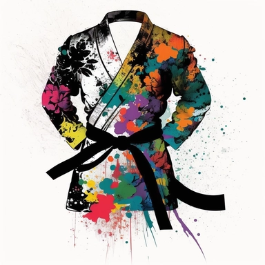a bjj gi with a black belt, flowery, vibrant, psychedelic colours, illustration style, ink splatter, thick lines, clip art on a white background, white background is very important