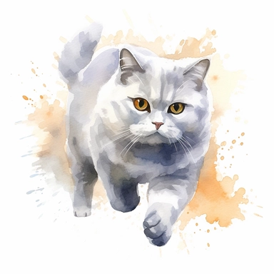 Clipart, watercolor, white background: A British Shorthair cat in a playful pose, capturing its fun-loving and mischievous nature.