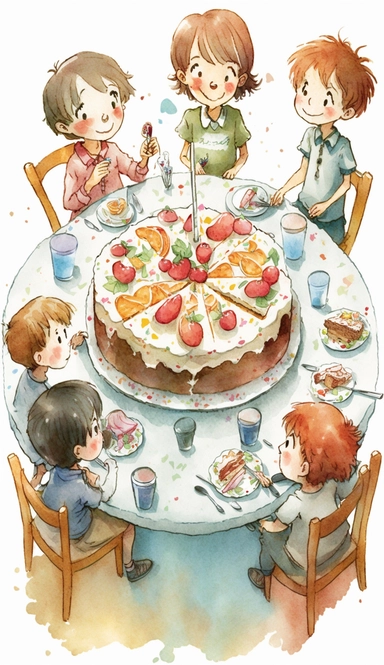 The little boy saw the birthday cake and laughed happily, along with other children. There were cakes, cutlery, plates, forks, furniture, dining tables, chairs on the table,high angle view,overall view,illustration for book, children's book, multiple positions,manga style,Watercolor Clipart, strybk,full Illustration, 4k, sharp focus, watercolor, smooth soft skin, symmetrical, soft lighting, detailed face, concept art, watercolor style, strybk, children's style fairy tales, chibi kawaii, . Octane