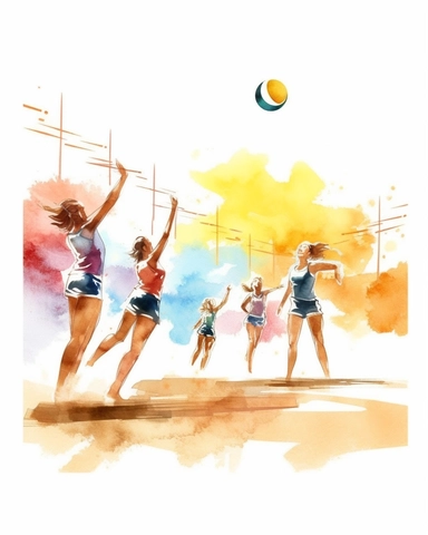 watercolor clipart beach volleyball game with players playing, hyper realistic, 8k, isolated on white background