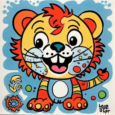 full clipart of a cute happy baby Lion, gary panter, flickr, orthogonal, colorful drawings, White background, valentine hugo, size 6by9