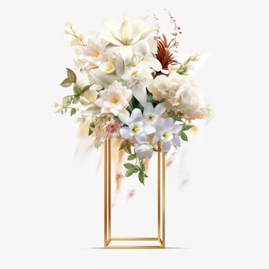 watercolour beautiful realistic white real floral wedding flower spray on gold rectangle tall frame stand realistic elegant wedding floral display stand with white glitter wedding flowers ,clip art graphics , PNG image,transparent background ,ultra highly detailed, 18k, sharp focus, bright photo with vibrant colours, digitally enhanced,photographic, enhanced graphics, png format, straight, sharp focus, bright lighting, intricate detailed png image ,high definition,300dpi,graphic clipart,computer