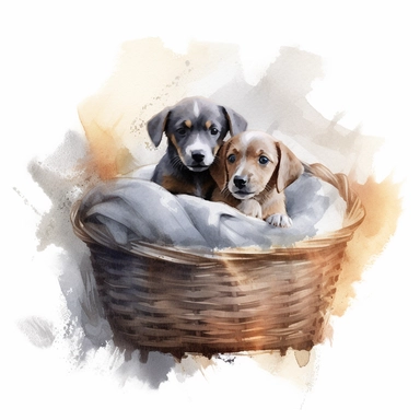 An artistic clipart of a cuddly dogs sitting in a basket during a tranquil afternoon, using the art style of watercolor, using type of medium traditional painting showing serenity to be displayed in the middle of a blank page –ar 16:9 –v5.1