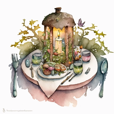 A hyper - detailed illustration watercolor clipart of a whimsical dining table of a fairy house built out of natural materials by a human, delicious fairy style dinner, table cloth and candle glass watercolor illustration, illustration style a combination of Beatrix Potter and Tove Jansson, isolated on white background with margins, cut - out images, zoom on table , close up view from table top