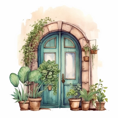 A boho style home door with watercolor effect,boho style tools,boho style big window,,boho style details,boho colors,suitable for digital clipart,white background,boho style green plants,boho flowers