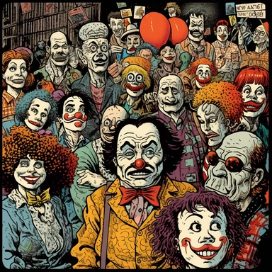 clip art A graphic novel page featuring a clown and his troupe of misfits on a wild adventure, in the style of dynamic panel layouts, exaggerated expressions, and bold lettering. Inspired by the works of Alan Moore, Frank Miller, and the comic book art of the 80s and 90s.
