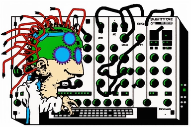 white background 1995 clipart cartoon, cool cigarette dude with giant brain playing a modular synthesizer,