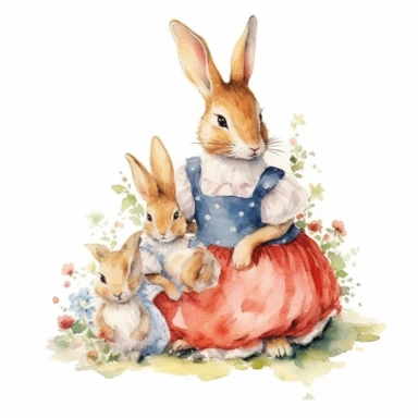 detailed watercolor illustration of cute mother bunny wearing a dress, sitting with cute baby bunnies on her lap, side view, anthropomorphic, model pose, clipart, plain isolated white background, 8k ultra detail high sharpness