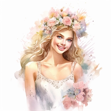 beautiful watercolor fun, happy and cute photorealistic stylish, smiling bride in white wedding dress and tiara beautiful, whole body, decorated in big pastel and light colors flowers in the style of aquarelist, wedding illustrations award winner, wedding clipart, 8k, white background, intricate details illustrations very detailed, uhd exquisite clothing detail, rimel neffati