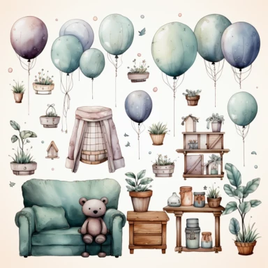watercolour, baby theme, clipart, soft and muted pastel nuances, white background