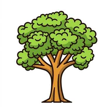 simple Icon of a deciduous tree, Clipart, Cartoon style, SVG, very simple, very few colors, isolated on White Background, No Details, No shading