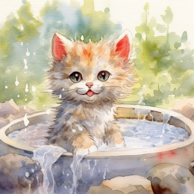 watercolor illustration, kitten smiling with an open mouth with a towel over the head and enjoying a hot spring, surrounded by gentle steam rising from the onsen water, feeling the pleasant sensation. Small bubbles dance through its fur, creating a mysterious yet beautiful sight. The cat stretches out, gradually unwinding, as the warmth of the onsen melts away the tension in its muscles. It gracefully savors the serene atmosphere and the gentle touch of nature, embracing the tranquility of the o