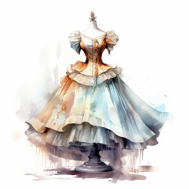 A victorian bustle dress with a pointed waistline and puffed sleeves stands on tailor dummy on white background clipart, soft pastel colors, in the style of realistic watercolors, in style of Willem Haenraets, feminine sensibilities, realistic depictions of human form, detailed illustrations, made of all of the above, clean background, white background, on a white background, transparent background