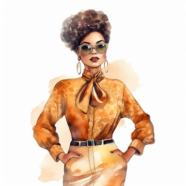 watercolor style, african american lady boss in fashion chic clothes, perfect look, classic colors, expressing self-confidence and empowerment. clipart, isolated on white background, hd
