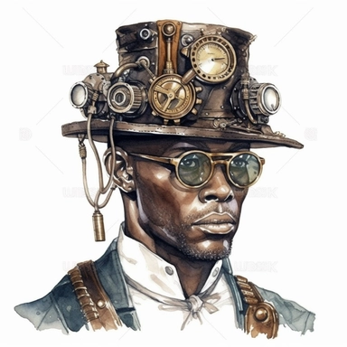 steampunk with mechanisms black man, Vintage shades, white background, watercolor, hyperrealism, high detail, isolated elements clipart