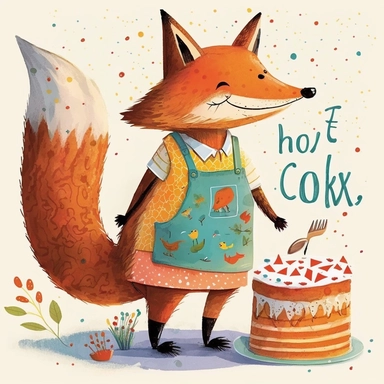 clipart, beautiful smiling,Fox,wear beautiful apron, with cake, Usborne and Eric Carle,